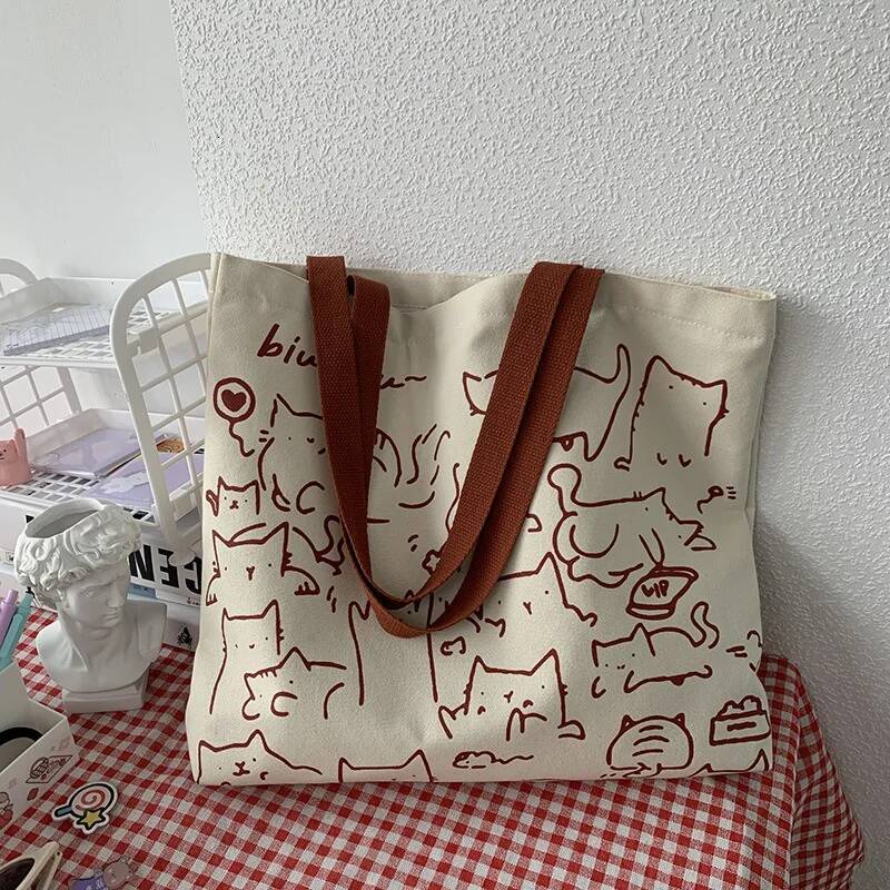 DHGM Canvas Handbag for Women Shopper Cute Cat Tote with Zipper Designer Bag Japanese Style Cartoon Small Shoulder Bags