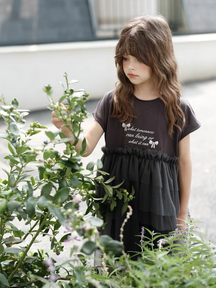 Girls' Knitted Splicing Mesh Dress Printed Dress Daily casual dress