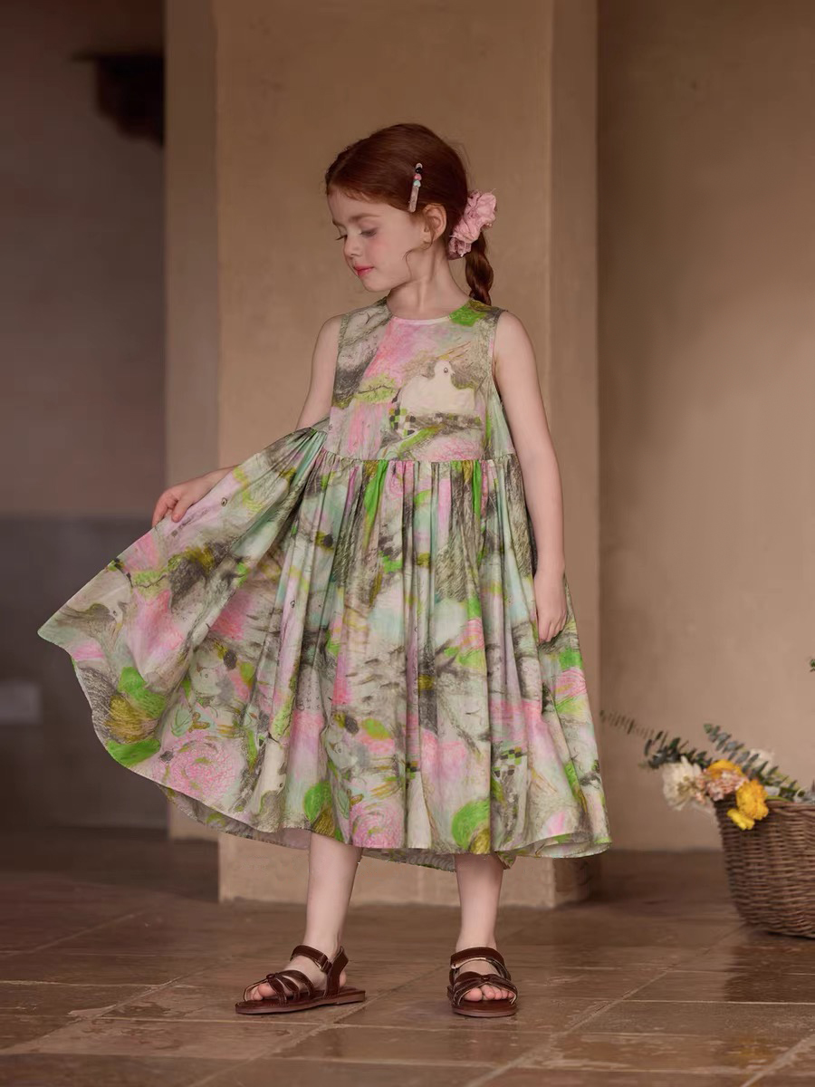 Girls' pure cotton abstract printed casual dress Versatile mid length dress