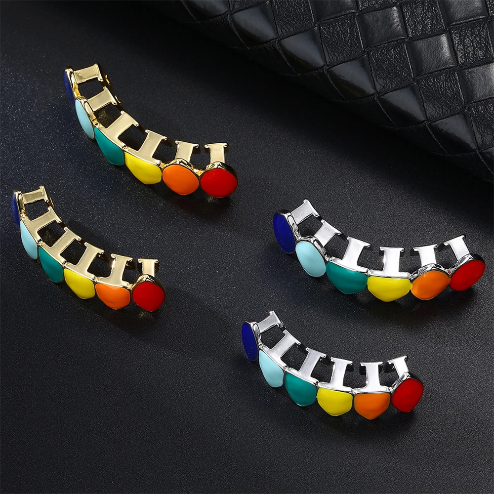 D Z Hip Hop Colorful Teeth Grills for Women Men Body Rainbow Color Oil Drop Copper Charm Party Jewelry Gift 250613