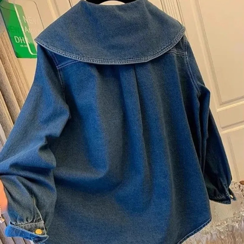 Matakawa Denim Shirts blouses Women Tops Peter Pan Collar Vintage Solid Blusas Mujer Korean Fashion Spring Autumn Camisas 250619