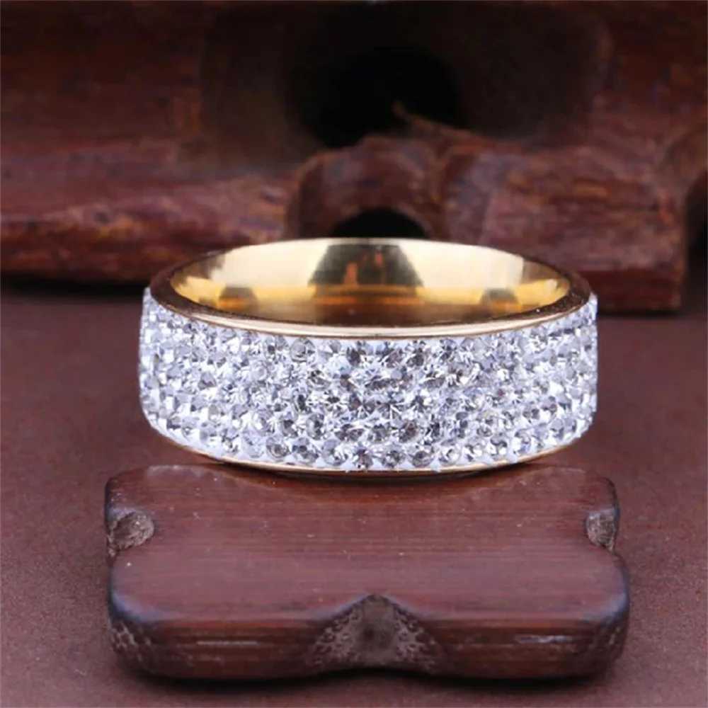 8mm Wide Five Rows Full Rhinestone Shiny Rings Stainless Steel Gold Silver Color Ring For Women Men Hip Hop Fashion Party Jewelry M250620