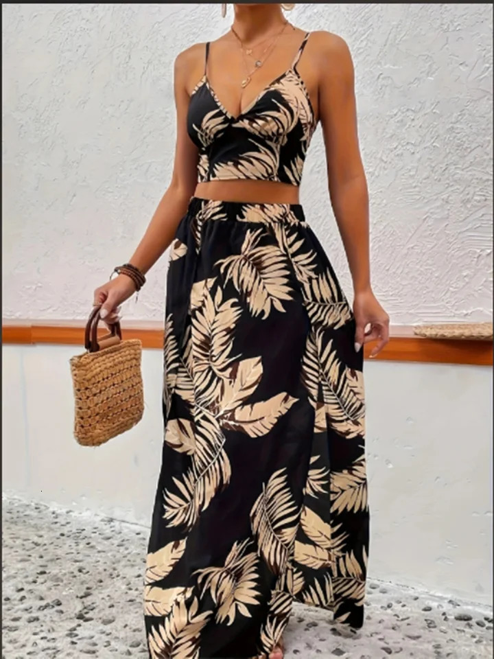 Women Sleeveless Low Cut V-Neck Printed Dress High Slit Sexy Dresses Trendy Half Skirt Womens Set Light Elegant Summer Set 250619