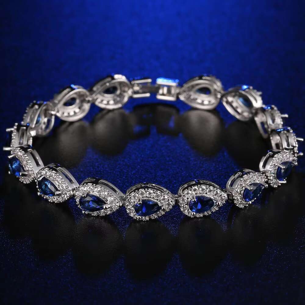 Vintage Womens Tennis Bracelet Geometric Blue Iced Crystal Gold Plated Brass CZ Diamond Waterdrop Shape Sparkly Zircon Main