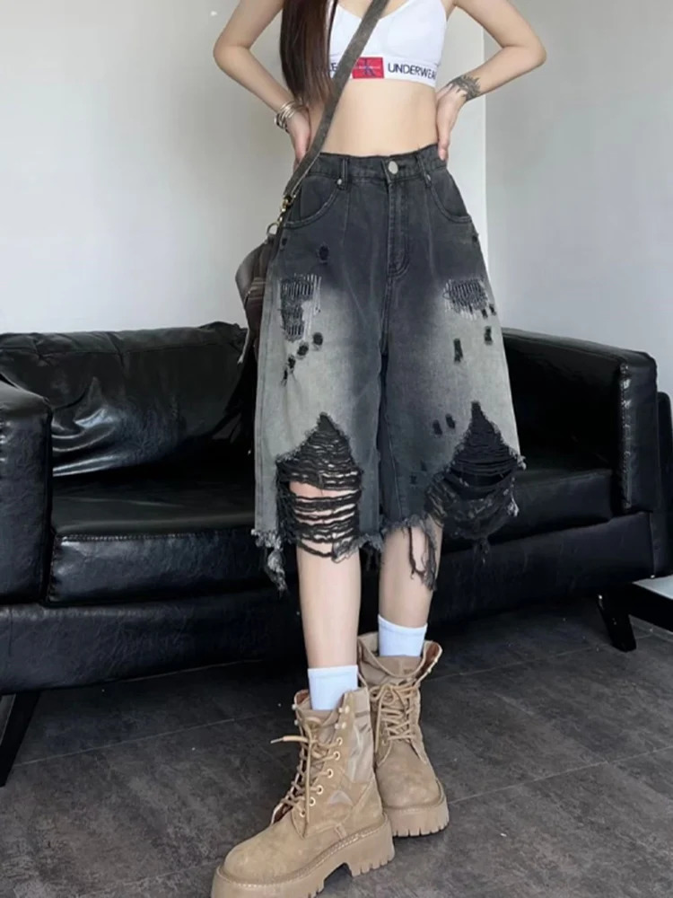 Zoki Harajuku Hole Y2K Denim Shorts Women Streetwear Vintage Gradient Jeans Shorts American Retro Bf Hip Hop Shorts 250619