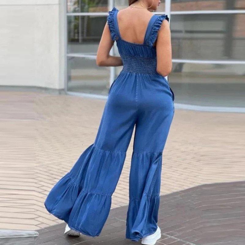 Women Solid Denim Jumpsuits Spring V Neck High Waist Straight Playsuits Summer Backless Wide Leg Pleated Pants Rompers 250619