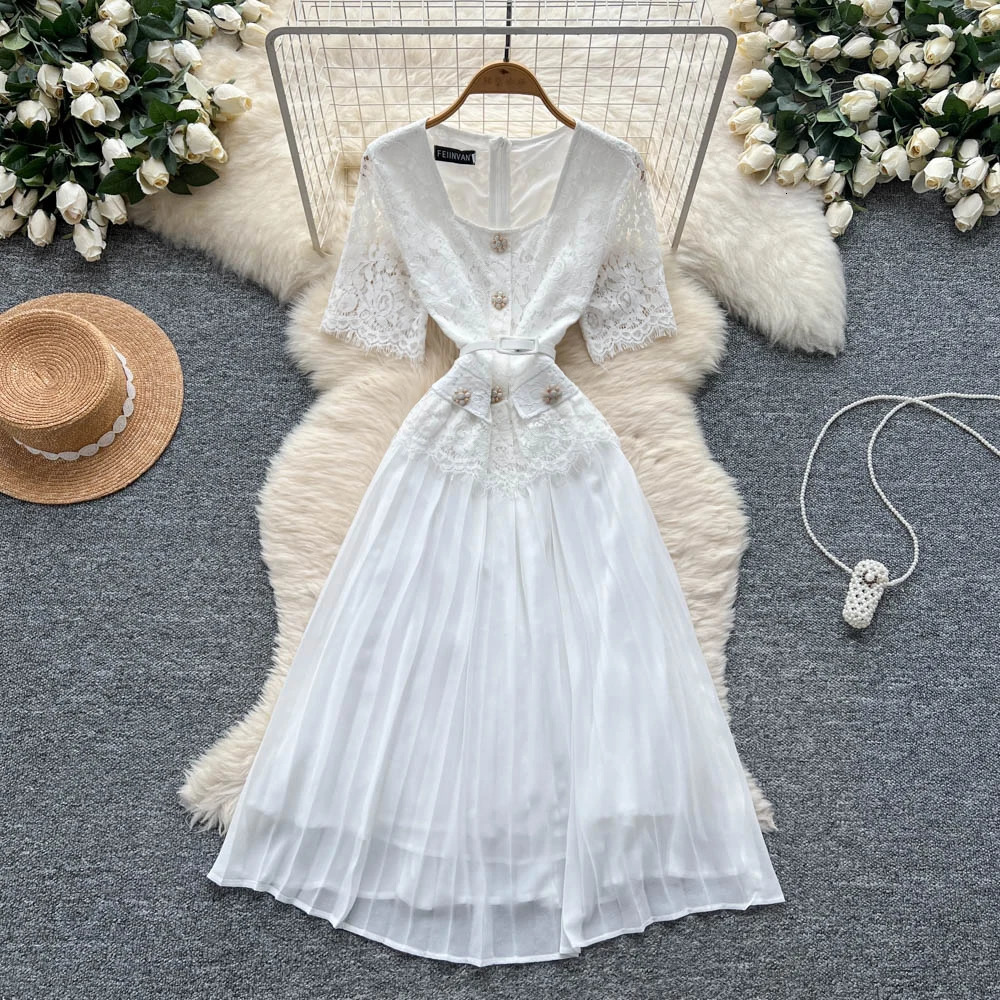 Sexy short sleeve mesh Hook flower hollow Spliced Dress Chic Vintage Evening Party Club Women Chic Summer Beach Dresses 250619