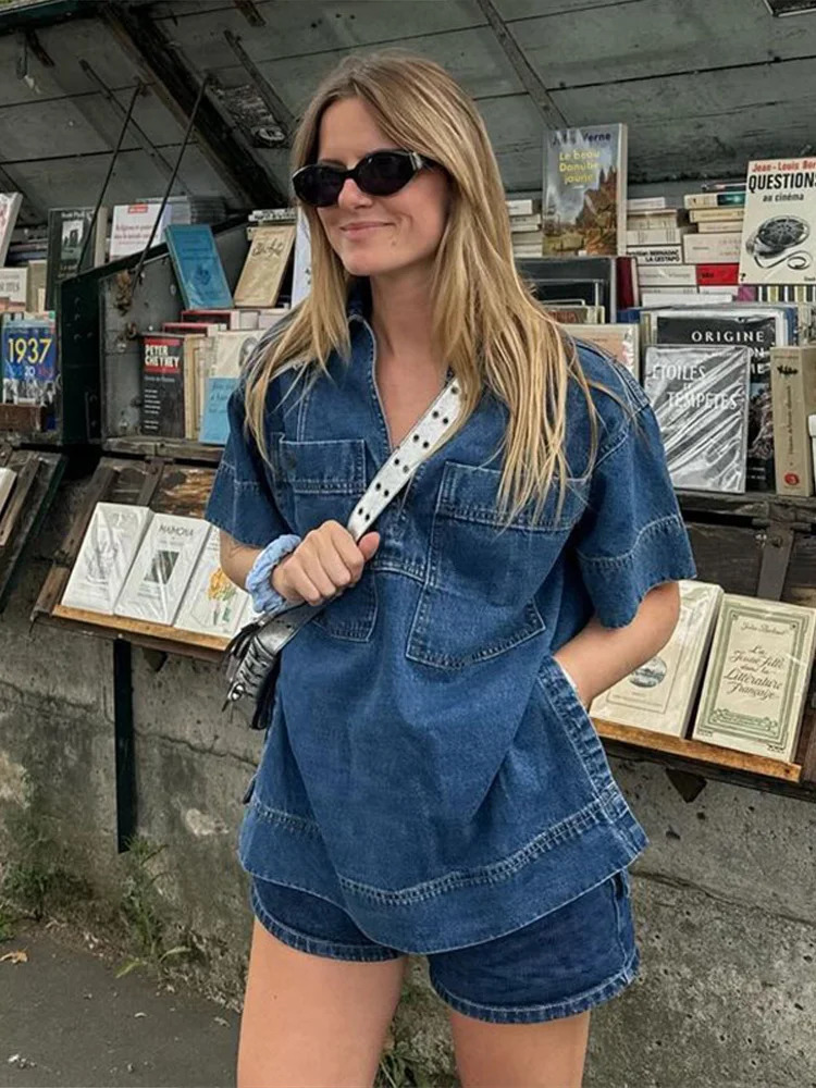 Casual Women Denim Tops Skirt Sets Fashion V-neck Patchwork Half Sleeve Split Shirt Mini Jean Short 2025 Summer Vintage Outfits 250619