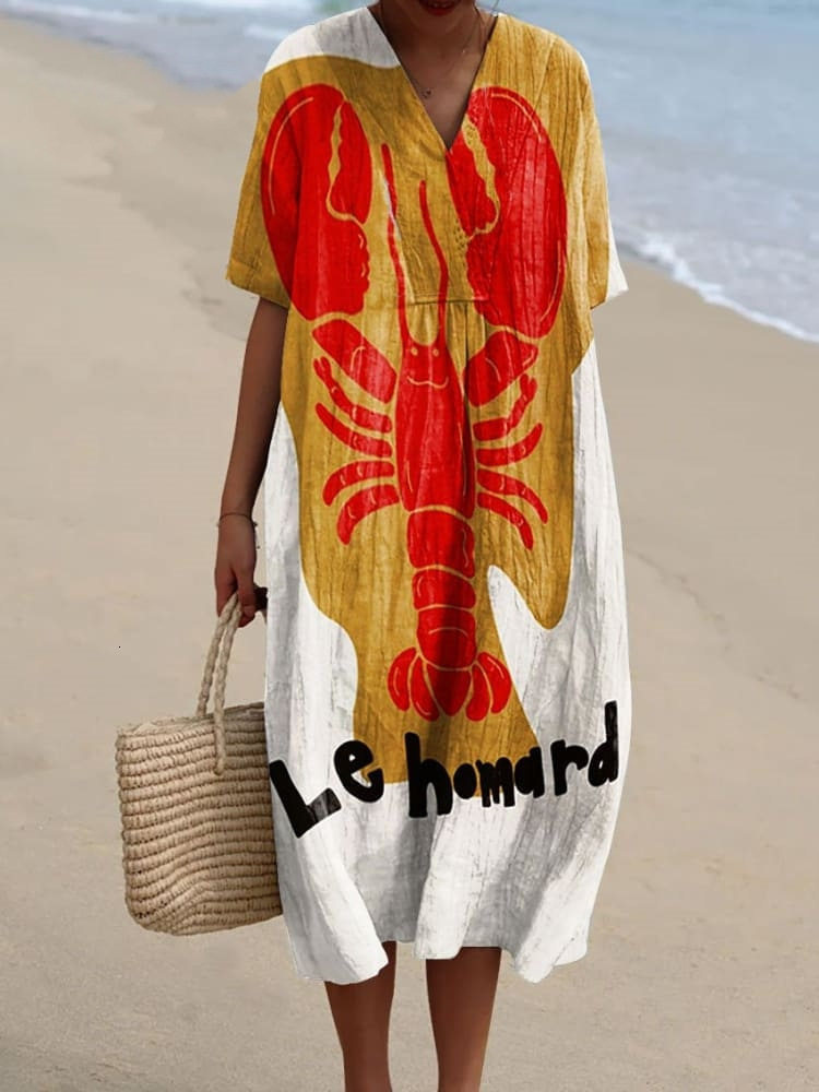 Designer Plus Size Dressindependent Station New Plus Size Women's Shirt Pocket Short Sleeve Dress Ocean Element Fish Vacation Style Dress