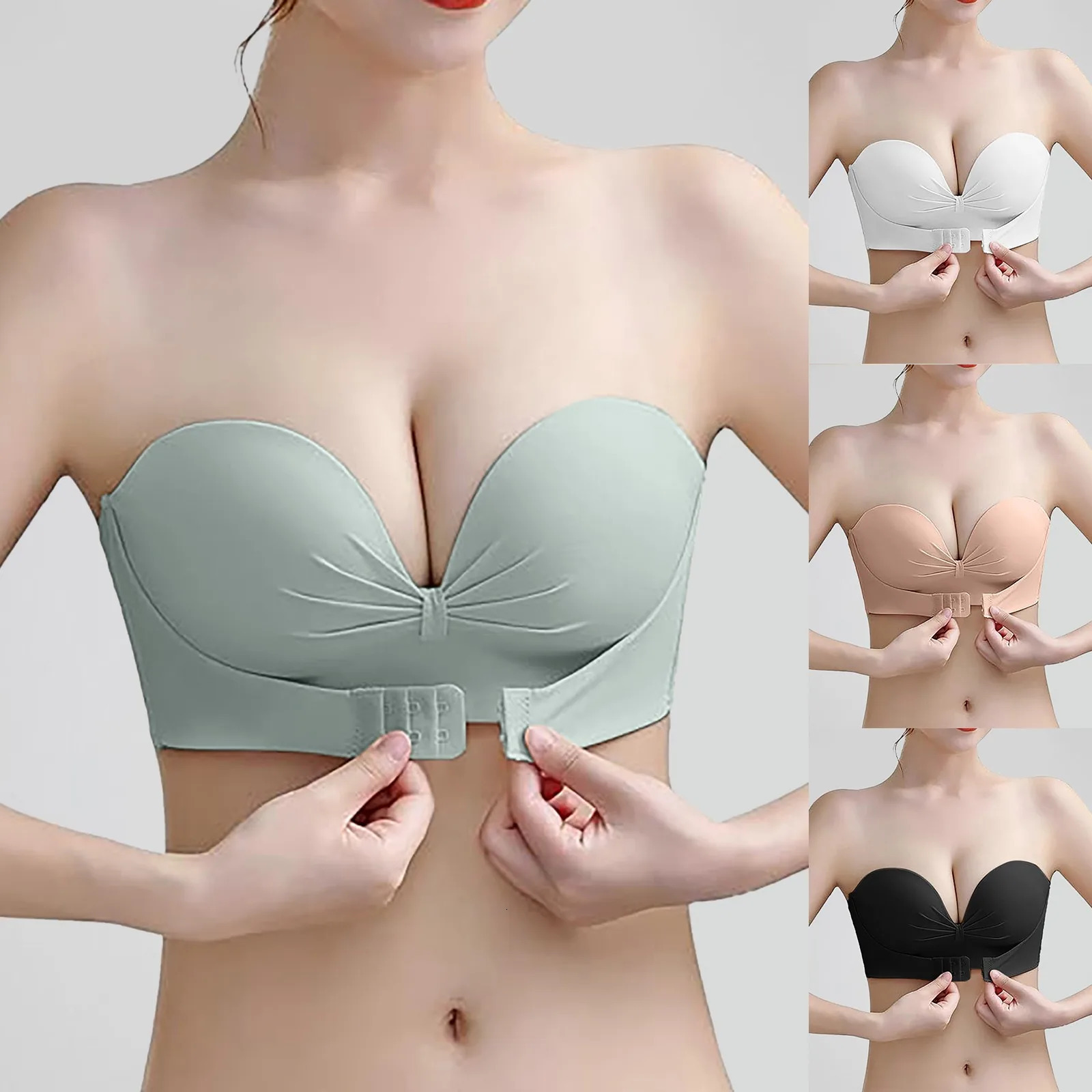 WomenS Strapless Push Up Bra With Top And Back Chest Button Gather Together Comfort Underwear Lingerie For Ladies Seamless 250609