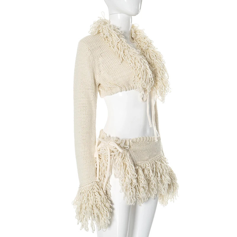 CUTENOVA French Knit Sexy Set Tie Cardigan Long Sleeve Navel Top Fashion Sexy Mini Skirt Set For Y2K tie Girl Wear 250619