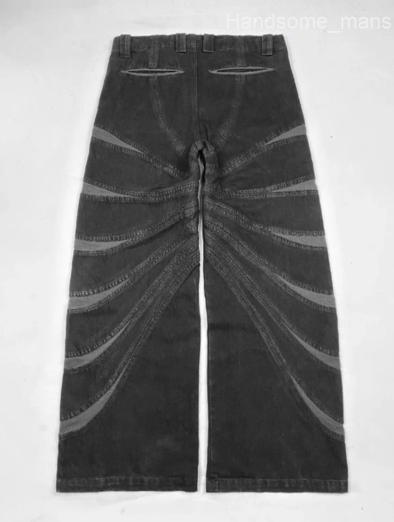 Mens Jeans Y2K American High Street Wave Texture Design Men Retro Old Washed Loose Straight Pants Wide-leg Clothes