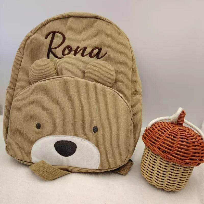 DHSM Customized Toddler Cartoon Bear Corduroy Large Capacity Embroidered Name Backpack Plush Bag