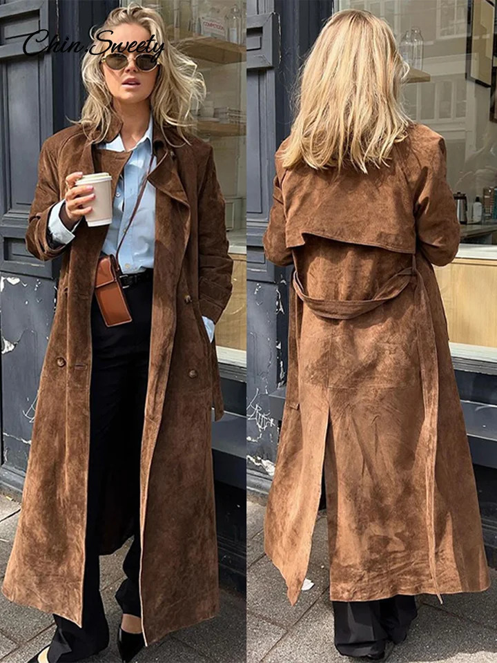 Elegant Suede Long Trench Coat Women Belt Double Breasted Full Sleeve Brown Windbreaker Autumn Lady Street Outwears 250619