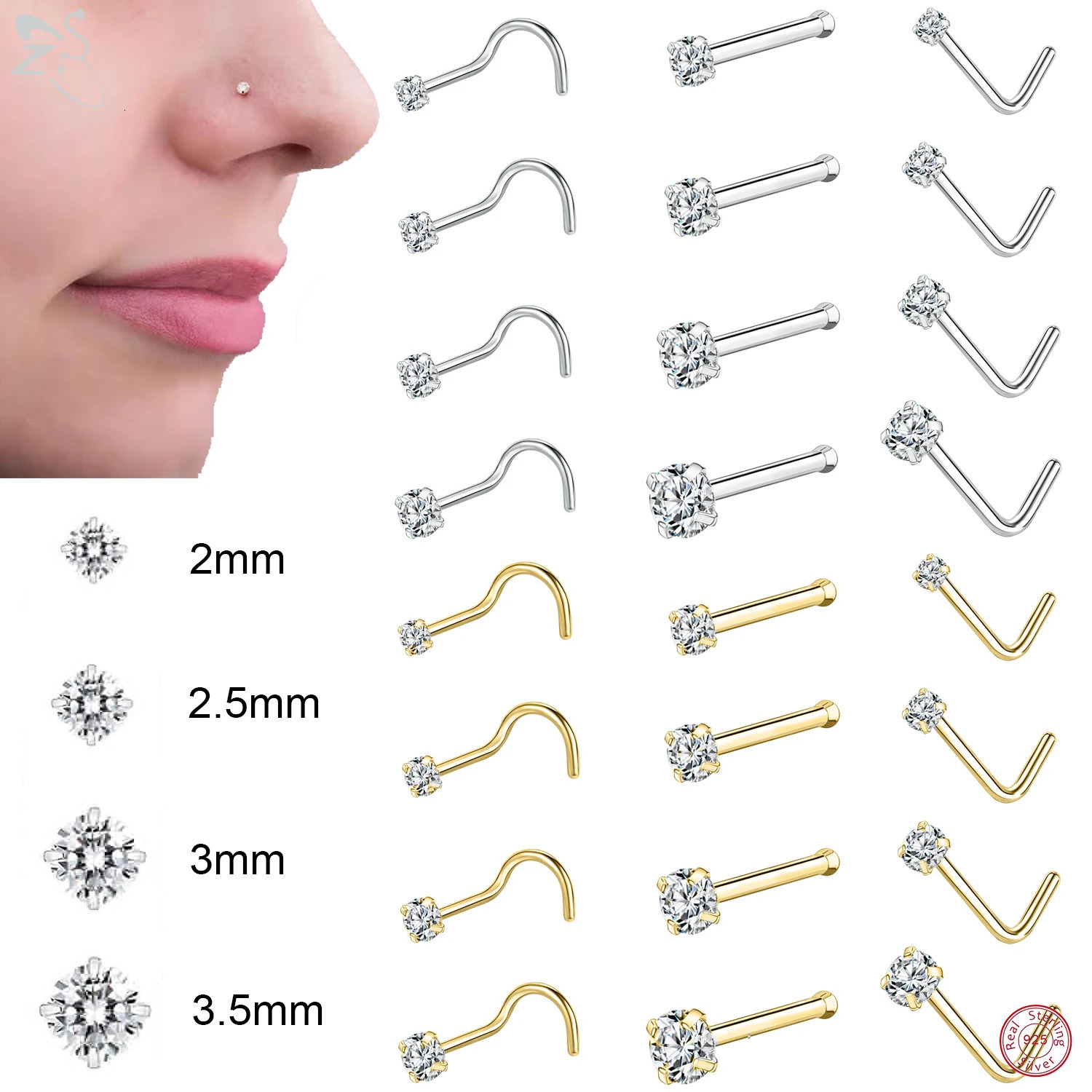 ZS 1PC 1820G 925 Sterling Silver Nose Stud Gold Color Crystal Piercings Screw LShape Retainer Nostril Piercing 235mm 250613