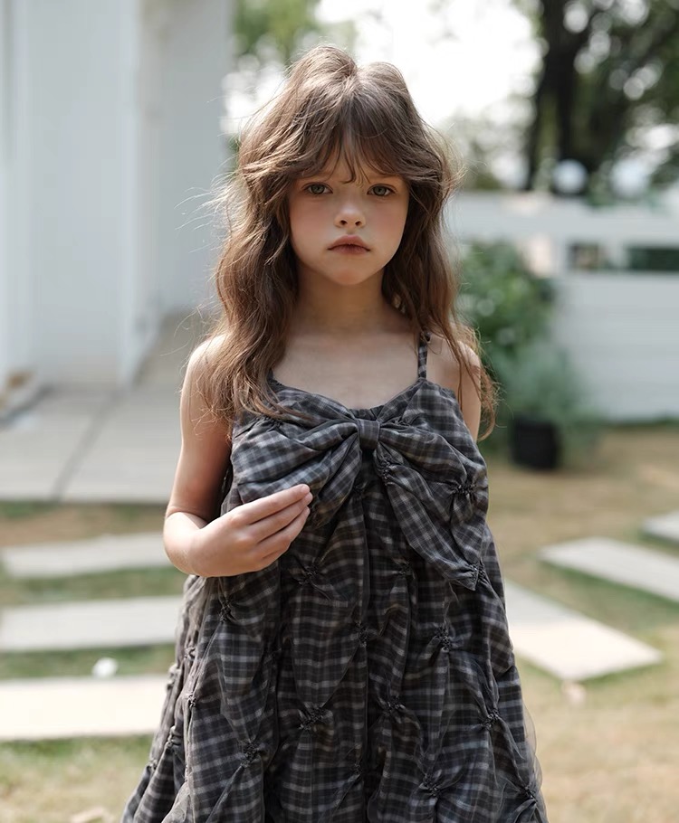 Girls' suspender lantern plaid dress Casual versatile outerwear dress