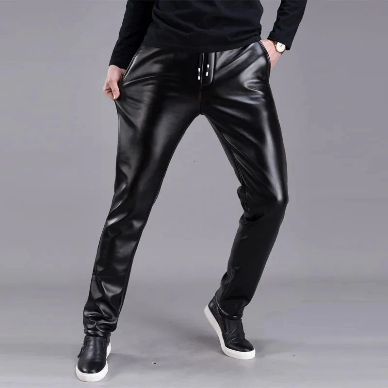 Windproof Slim Leather Pants for Men Thickened Warm Motorcycle Trousers Autumn and Winter Black Man 250614