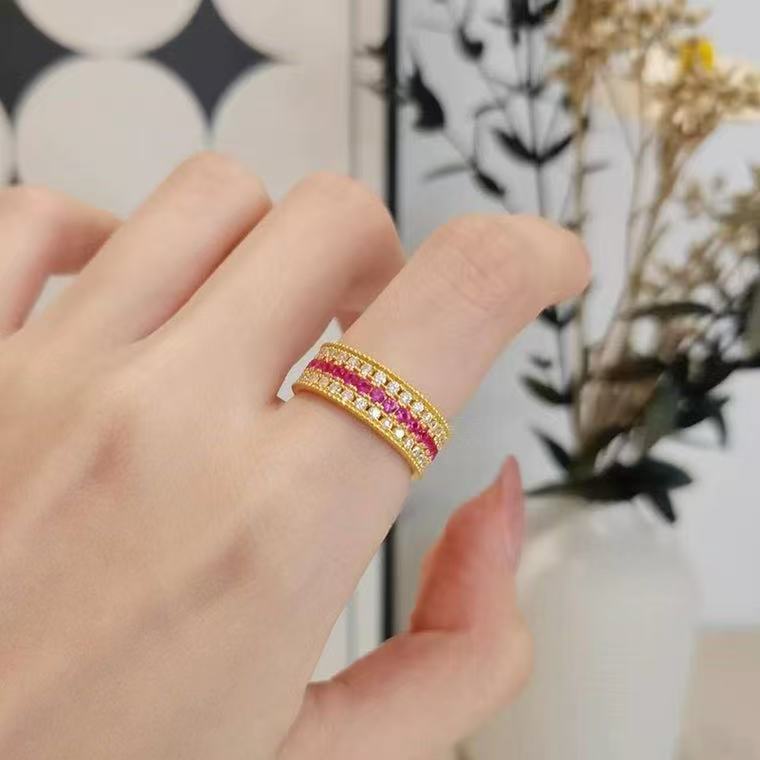 Ruby Ring, Women's Fashion, 925 Silver Inlaid Ruby, Starry Sky, Three Rows Full Moissanite Diamond Ring
