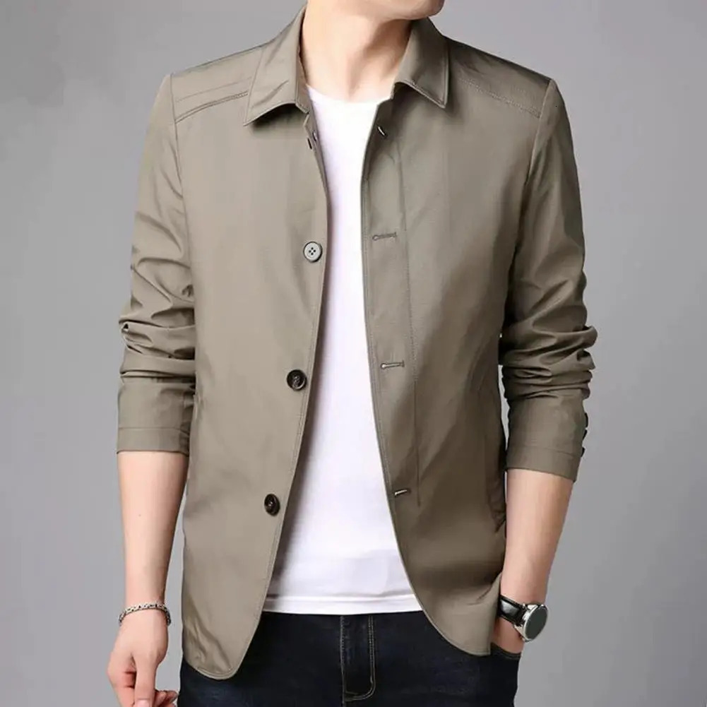 Spring Autumn Men Jacket Lapel Long Sleeve Zipper Placket Male Coat Solid Color Casual Jacket With Pockets Mens Clothing 250619