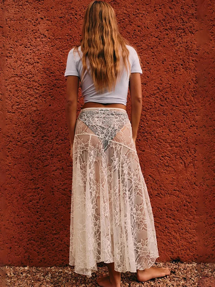 White Lace Maxi Skirt Women Sexy See Through Beach Bikini Cover Up Skirts Summer Casual Loose High Waist Holiday Skirt 250619