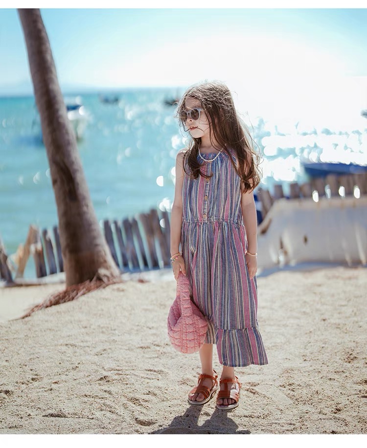 Girls' yarn dyed striped camisole dress Sweat absorbing and breathable daily dress