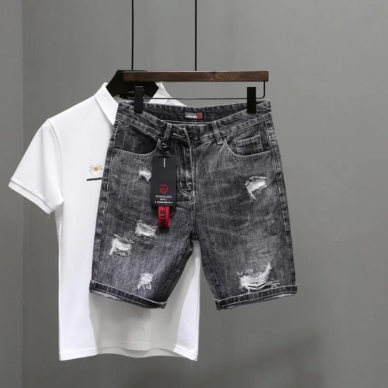 Mens Short Jeans Pants Black Gray Ripped Male Denim Shorts er Buttons Emo in Stretchable With Zipper Original 250618