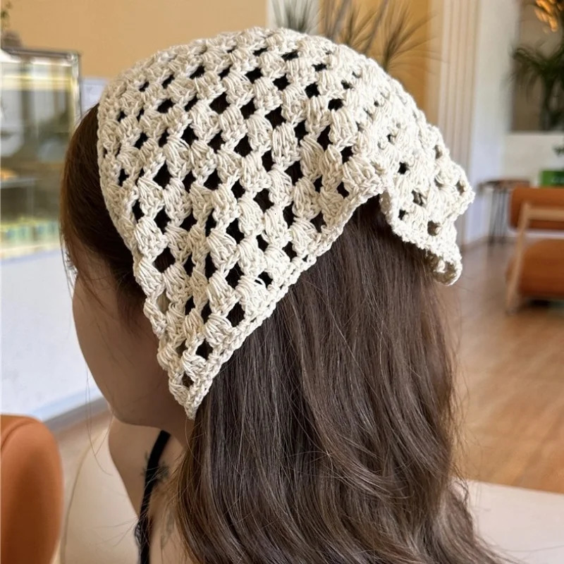 French Hollow Triangle Headband Towel For Women Beige Crochet Headbands Bandana Summer Travel Literary Po Hair Scarf Bands 250617