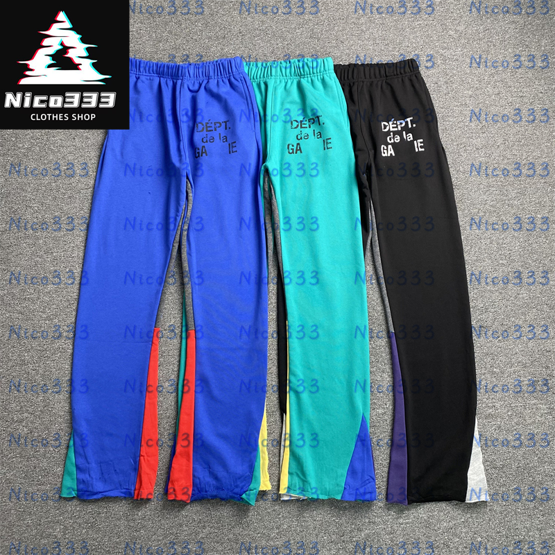 GA Dept French splicing letters hit the color drawstring black green blue cotton loose loose hundred men and women straight flared casual pants