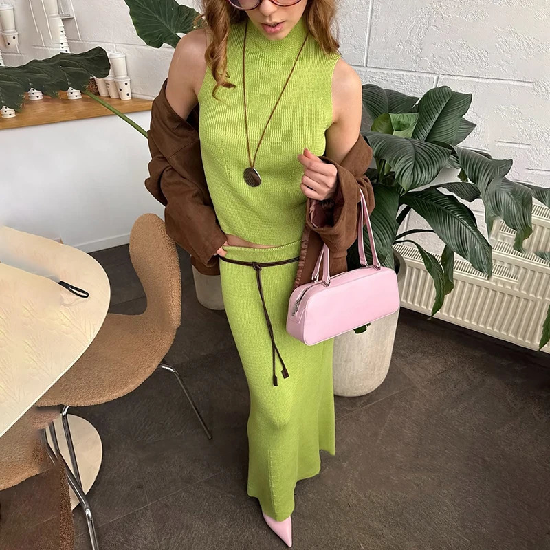 Tornova Elegant Knitted Dress Set Sleeveless Turtleneck Sleeveless Vest High Waist Skirt Female Slim Two Pieces Sets 2025 250619