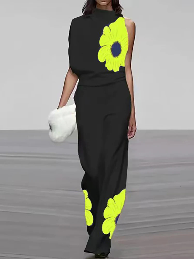 Wide Leg Pants Elastic Waist Printing Loose Matching Sets Women Summer Loungewear Holiday Sleeveless Pullover Top Ladies Outfit 250619