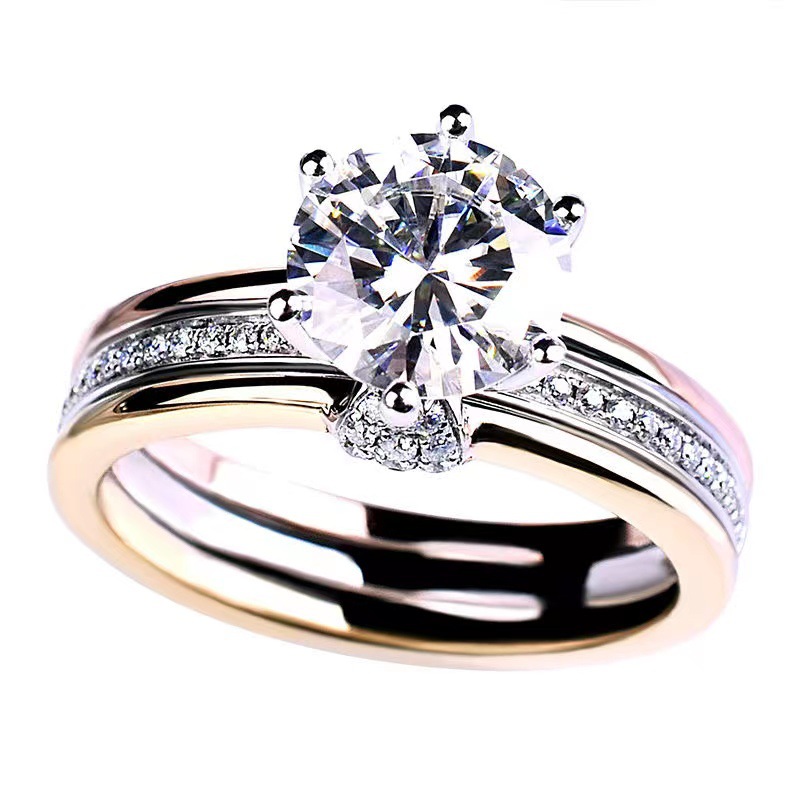 Three Color Band Sterling Silver Ring with Slightly 3 Ct D-Color Moissaniter Ring