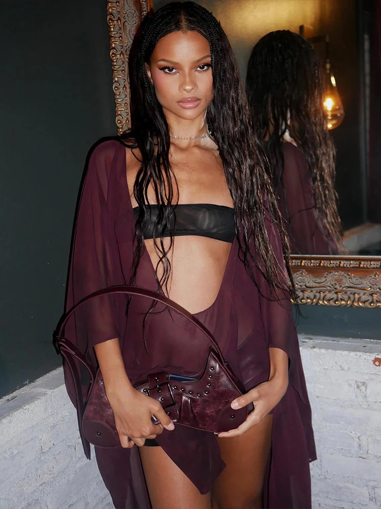 Nibber Girls Mesh See Through T-Shirts Women Sexy Deep V-Neck Full Sleeve Irregular Ruffles Tassel Street Wild Style Top 250619