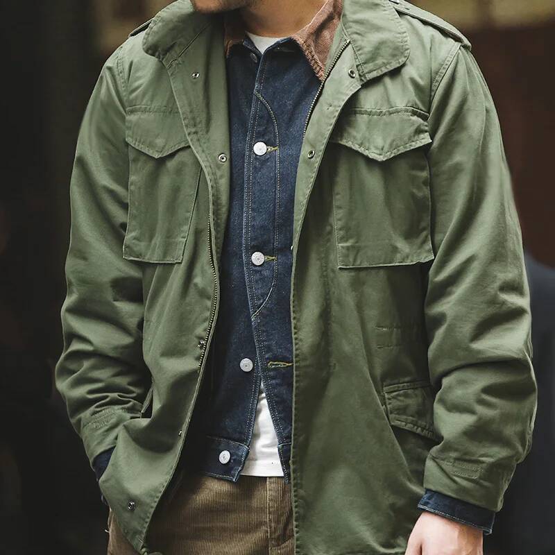 Maden Military M65 Field Jackets For Men Green Vintage Army Jacket Casual Windbreaker Solid Lapel Collar With Pockets Overcoat