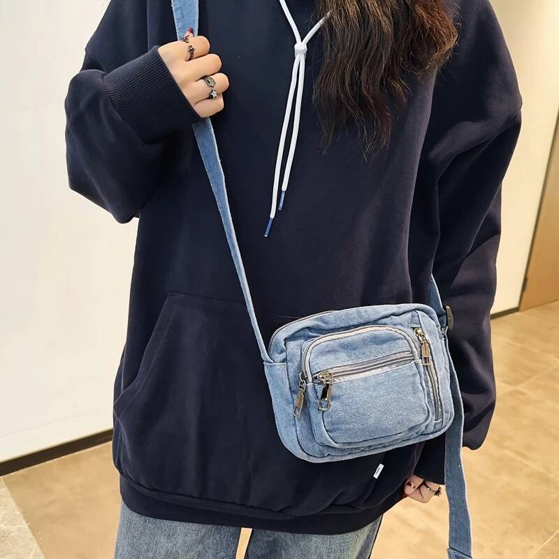 DHGM Classic Denim Multi Pocket Casual Small With Adjustable Shoulder Straps Zero Wallet Solid Color Fun Crossbody Bag