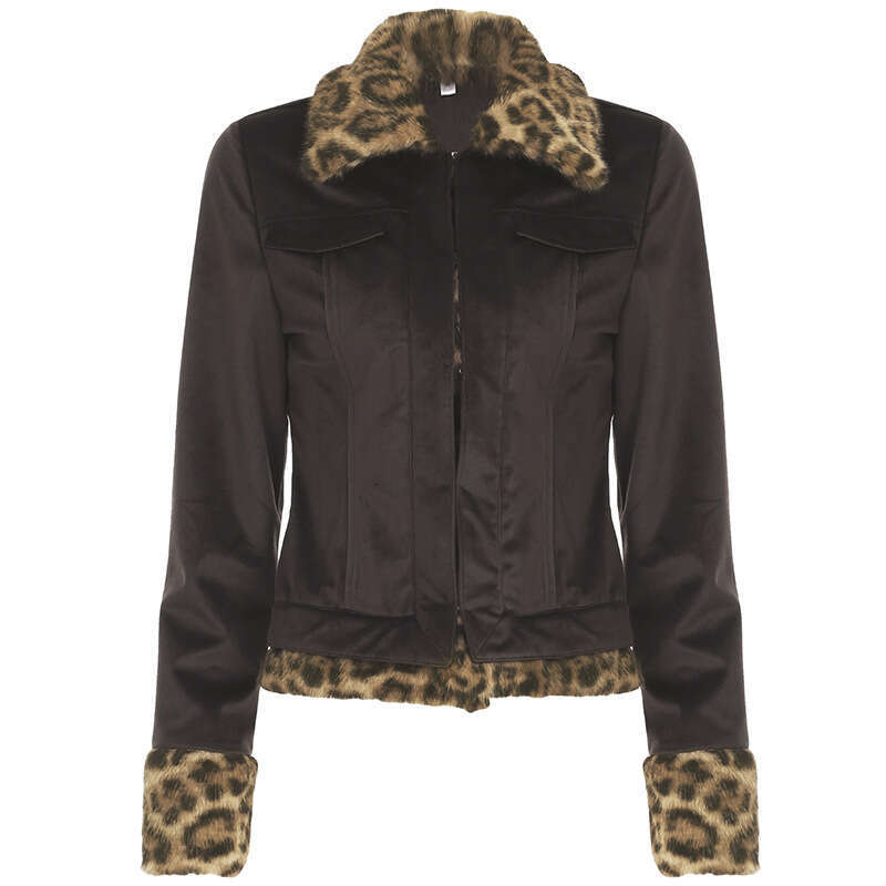 Autumn Winter New Leopard Print Patchwork Hooded Zipper Jacket Women's Fashion Street Style Warm Plush Coat B5