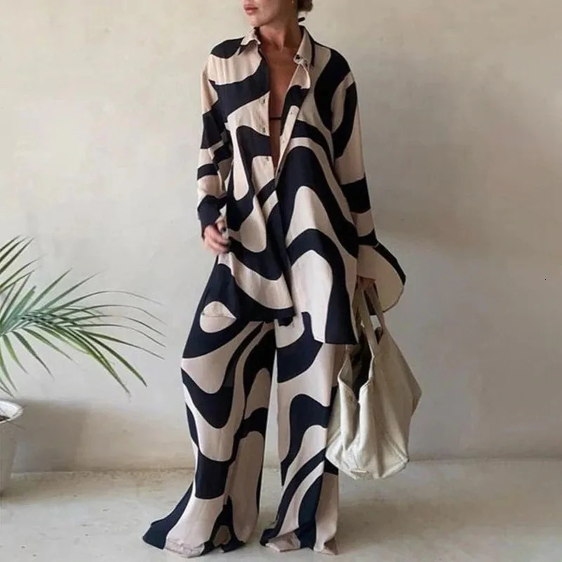 Spring And Summer Womens Suit Fashion Printed Casual Long-sleeved Shirt Loose Pants And Floor-length Pants Two-piece Set 250619