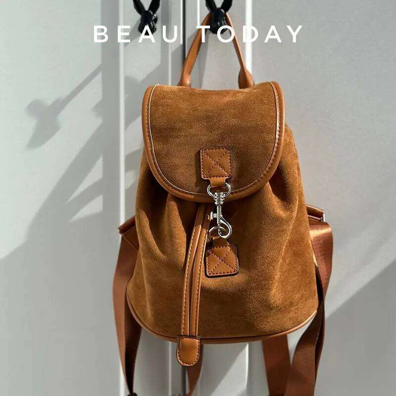 BEAUTODAY Brown Bags Women Flannel PU Solid Color Metal Buckle Retro Style Trend 2023 Versatile Ladies Backpacks 63009