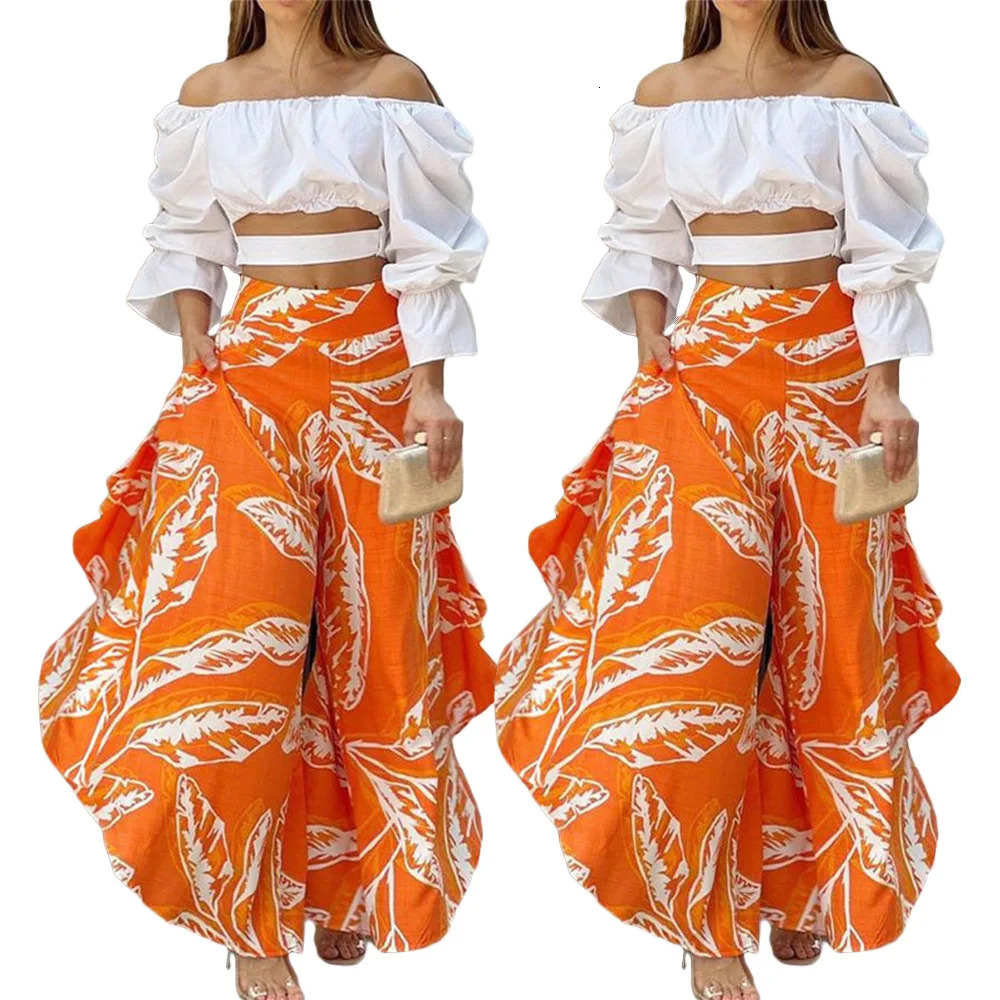 Pant Set Women Solid Slash Neck Full Sleeve Off Shoulder Tops Two Piece Sets Loose Casual Print Long Pants High Waist 250619