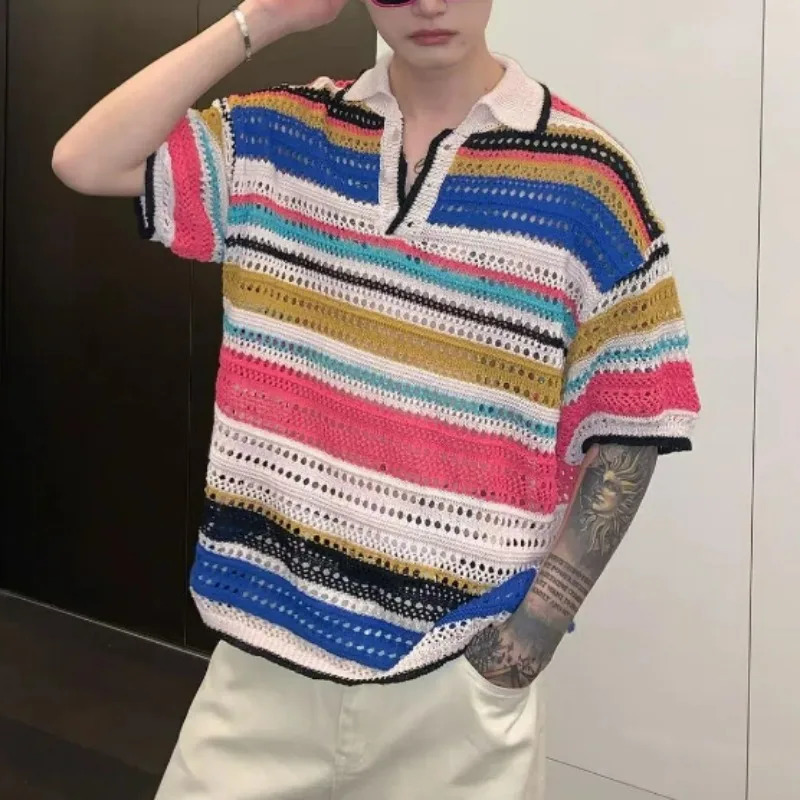 Men Summer Fashion Vintage Rainbow Striped Hollow Polo Collar Knitted T Shirt Casual Streetwear Short Sleeve Loose Pullover Tops 250617