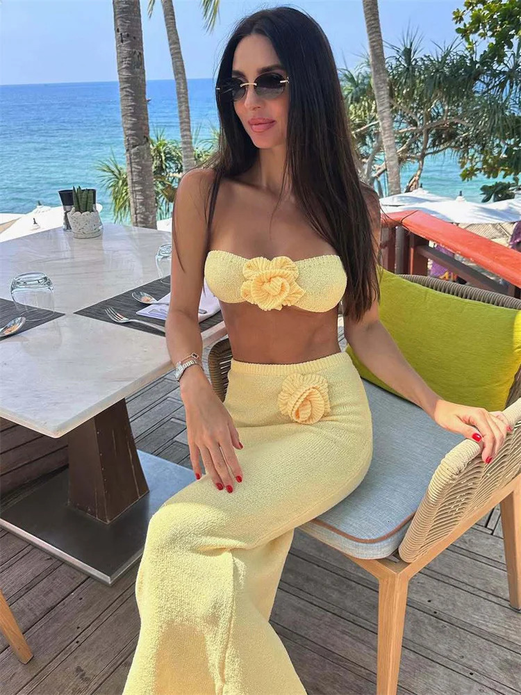 Tossy Female Knit 2 Piece-Set Long Skirt Floral Patchwork Tube Tops And High Waist Slim Beach Skirt Sets Knitwear Women Outfits 250619