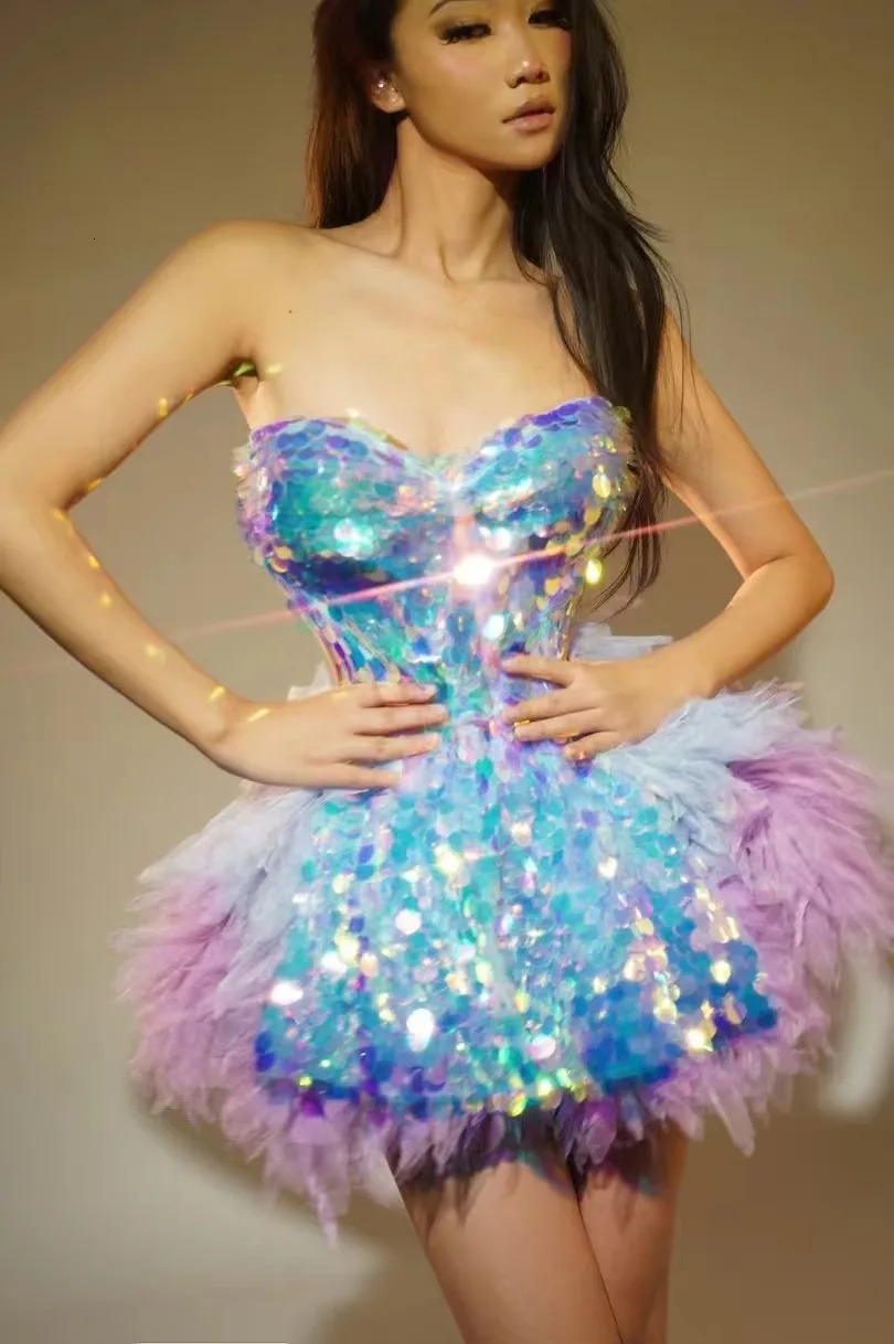 Sparkly Black Sequins Two Pieces Set for Women Party Evening Prom Celebrate Birthday Po Shoot Dress Nightclub Dance Costume 250617