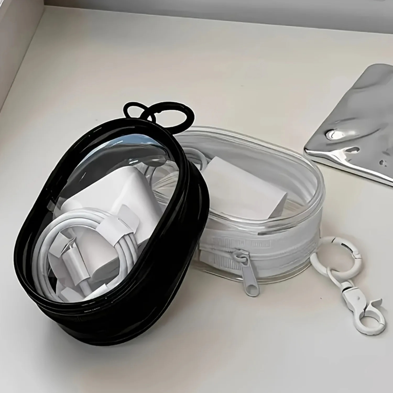 Round Black PVC Transparent Cosmetic Bags Jewelry Organizer Portable Data Cable Earphone Coin Charger Storage Pouches 250612