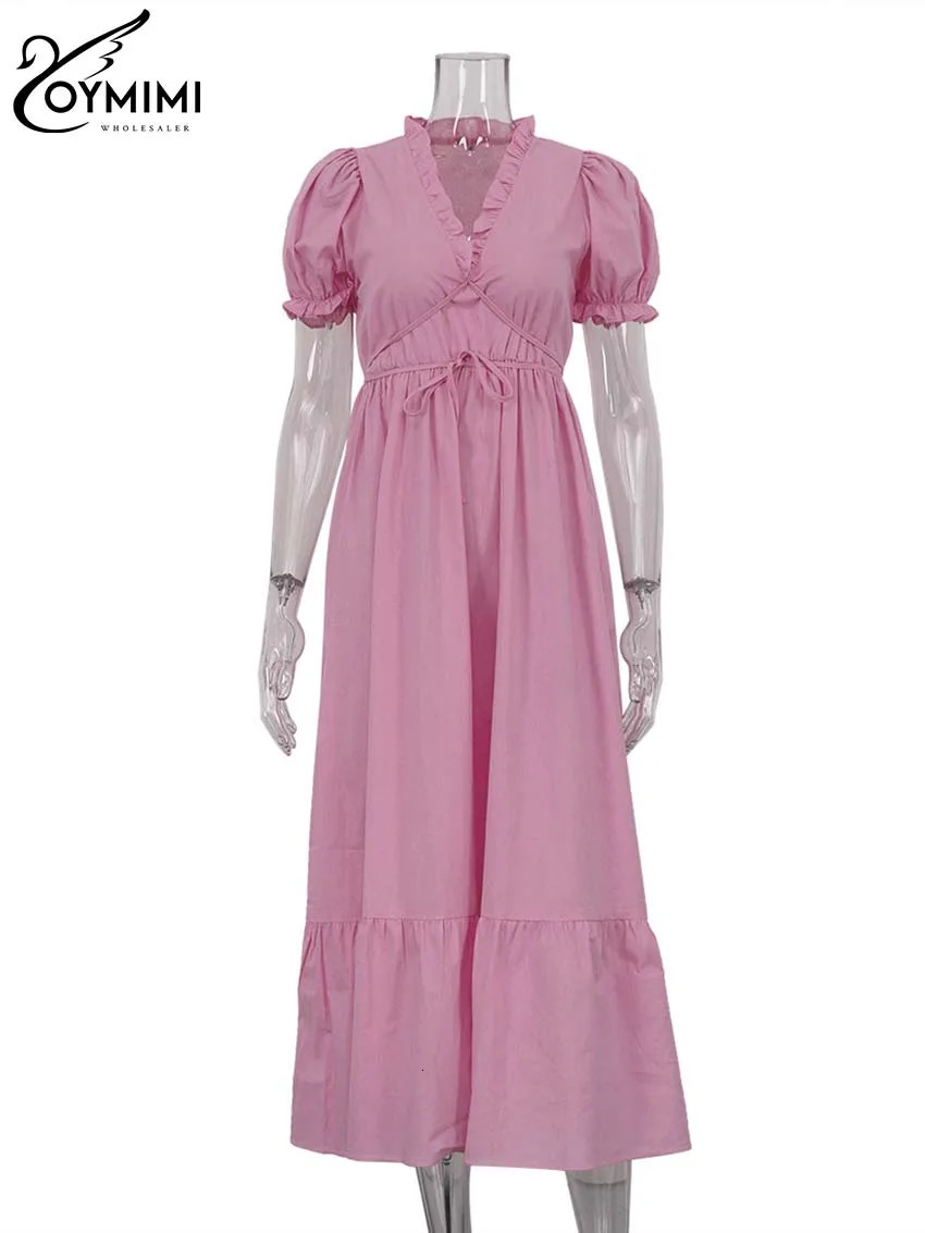 Oymimi Elegant White Cotton Womens Dresses Fashion Short Sleeve V-Neck Lace-Up Dresses Summer Loose Ankle-Length Dress Female 250619