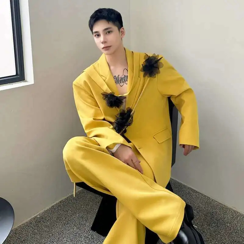 IEFB Niche Mens Two-piece Ribbon Mesh Floral Single Breasted Blazer Contrast Color Straight Wide Leg Suit Pant 9C8190 250619