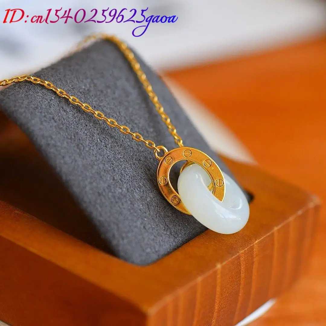 White Natural Jade Ring Pendant Necklace Amulet Real Jewelry Luxury Carved Gemstone 18K Gold Plated Stone Vintage Talismans XJ250620