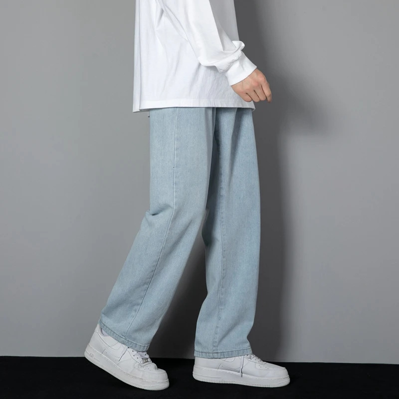 2025 Korean Mens Casual Long Jeans Classic Man Straight Denim Wide-leg Pants Solid Color Light Blue Grey Black 250619