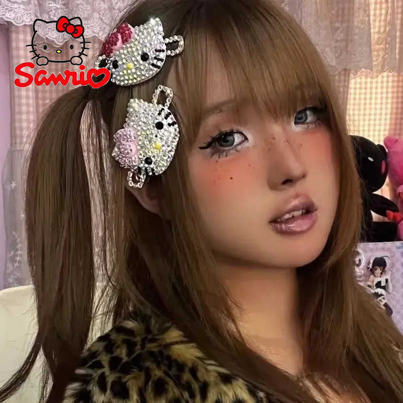 Sanrio kawaii Hello Kitty Hairpin Anime Kt Shiny Rhinestone Hair Clip Y2K Girls Barrettes Accessories Hair Clip Hairgrip Headdress Giftw250620