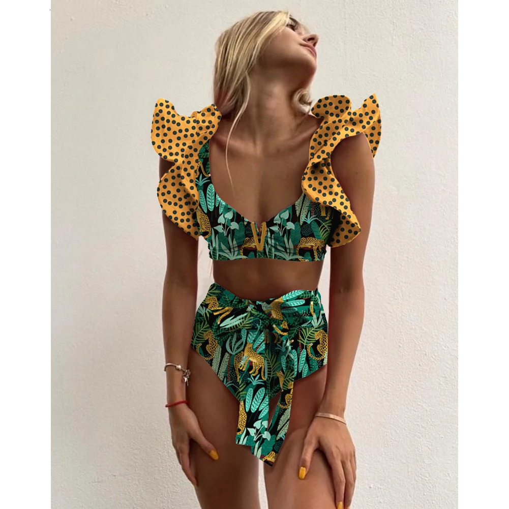 2025 Print Bikini Women Swimwear Push Up Swimsuit High Waist Biquini Halter Backless Bathing Suit Ruffle Beach Wear Summer 250619
