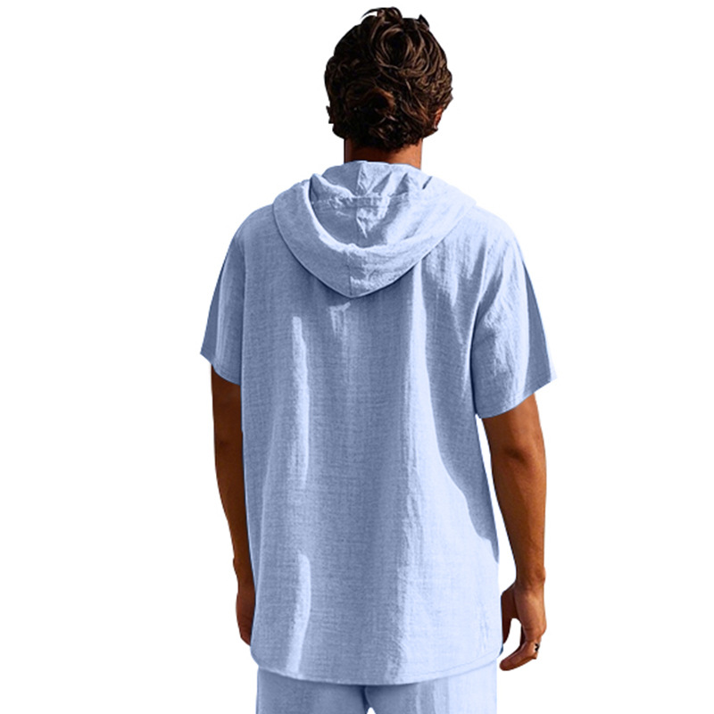 Men's linen shirt, casual short-sleeved simple pullover loose men's hooded Henry short-sleeved T-shirt S-3XL (European Size)