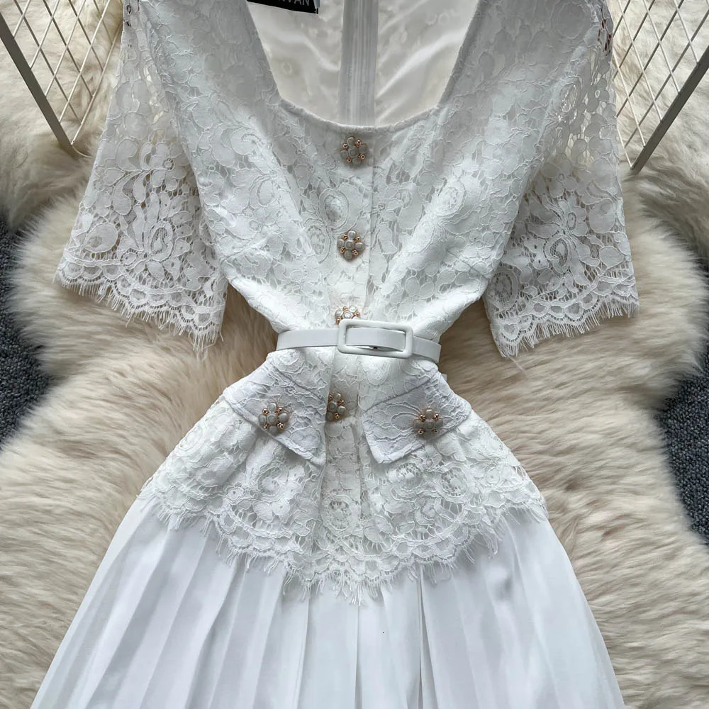 Sexy short sleeve mesh Hook flower hollow Spliced Dress Chic Vintage Evening Party Club Women Chic Summer Beach Dresses 250619